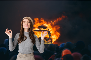 This is a picture of someone meditating in front of a riot for an article called How competitive intelligence used the right way reduces your stress levels by octopus competitive intelligence company market intelligence agency