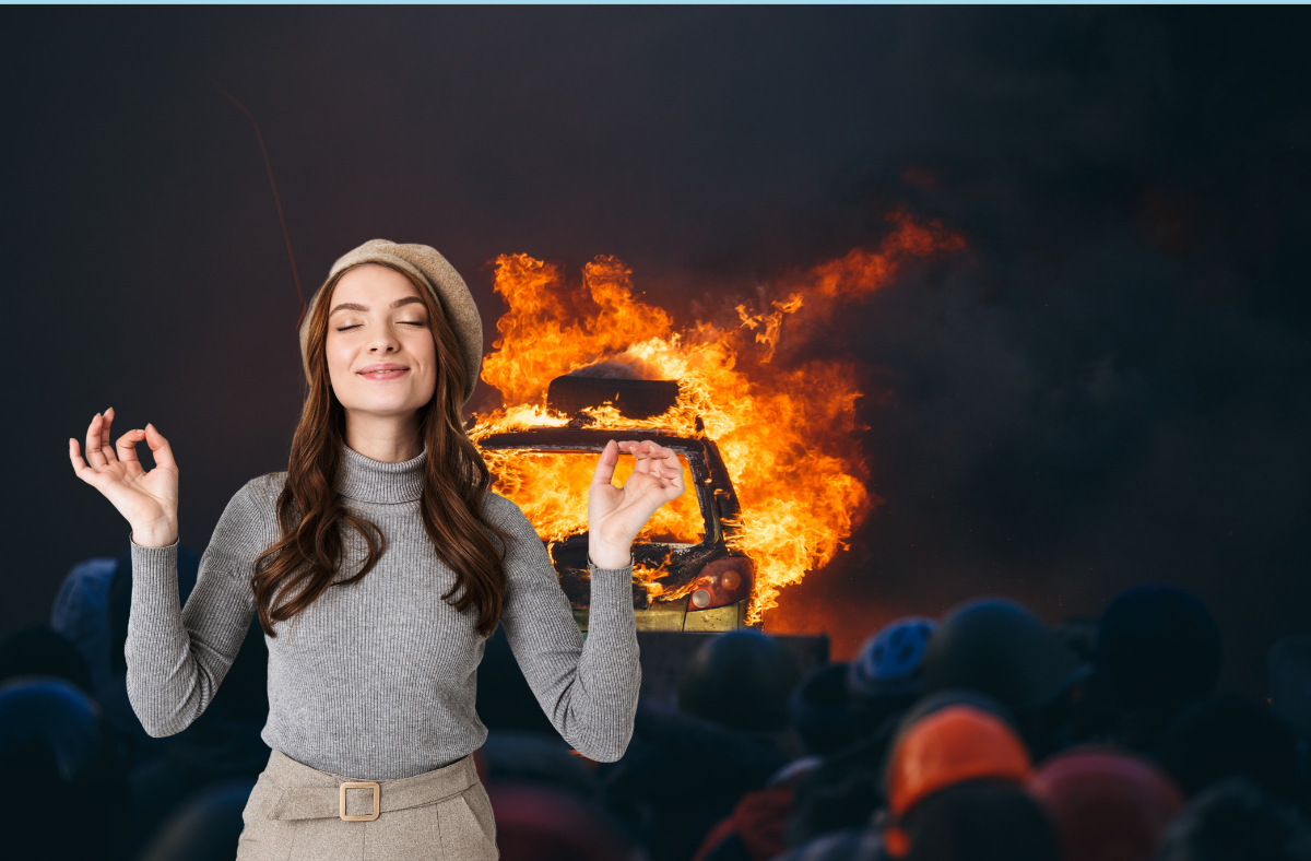 This is a picture of someone meditating in front of a riot for an article called How competitive intelligence used the right way reduces your stress levels by octopus competitive intelligence company market intelligence agency