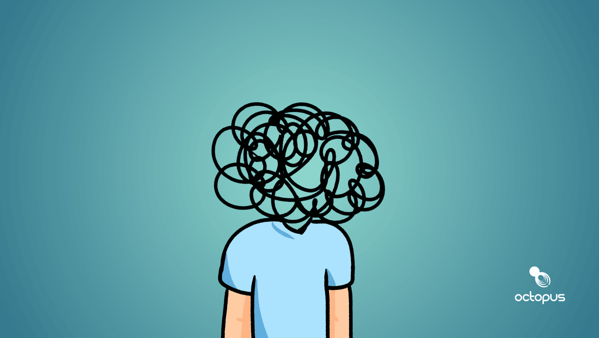 This is an image of a cartoon man with a fuzzy head for an article called Negativity Bias: Why Bad News About Competitors Feels Better Than It Should by octopus competitive intelligence agency